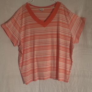 Vibrant Coral Striped V-Neck Tee